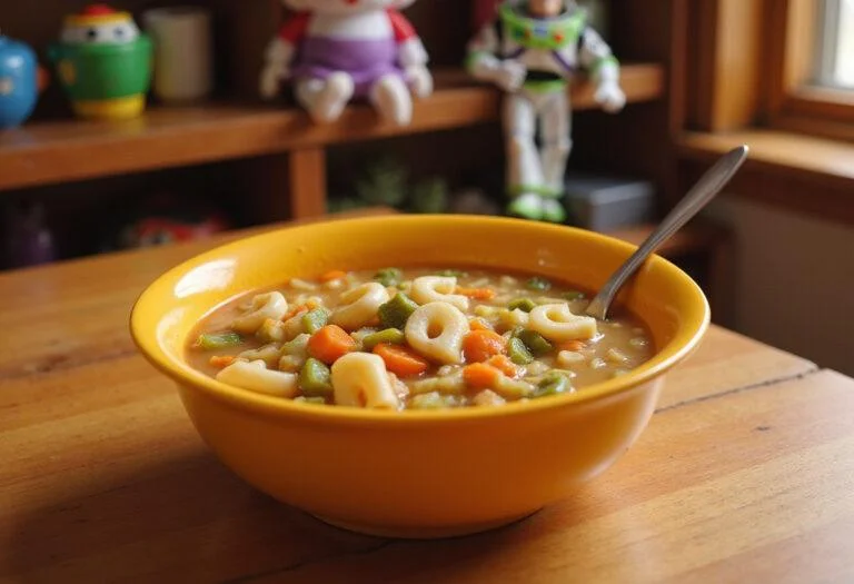 A realistic image of Andy's favorite alphabet soup in a bright bowl on a wooden kitchen table, with toy characters from Toy Story visible in the background, creating a cheerful, child-friendly home scene.