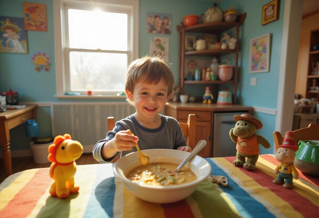 A cheerful child eagerly eating Andy's alphabet soup at a brightly decorated kitchen table, surrounded by beloved Toy Story toys, with a colorful backdrop enhancing the fun and playful home atmosphere inspired by a cherished kids' movie.