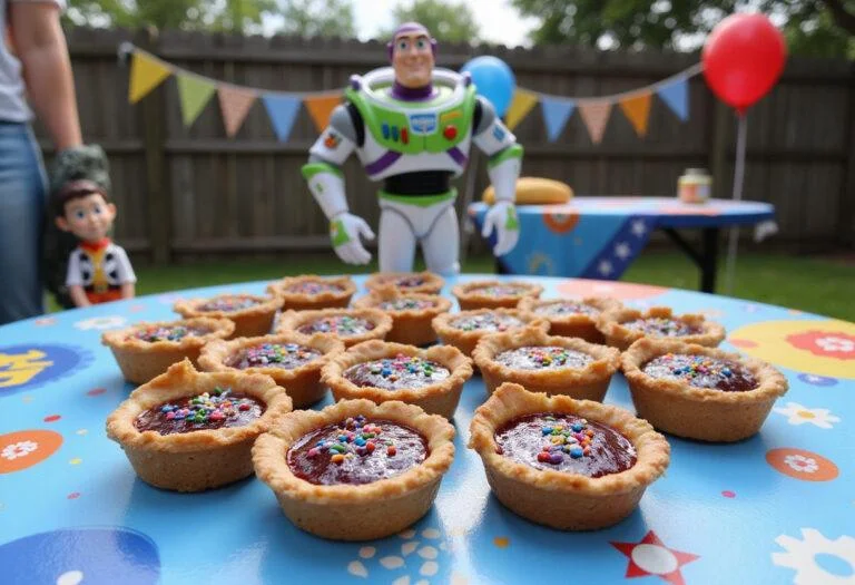 Close-up of Buzz Lightyear's Galactic Grape Jelly Tarts displayed on a Toy Story-themed picnic table in a backyard, showing golden crusts filled with purple grape jelly, decorated with sprinkles and tiny edible stars, with a Buzz Lightyear toy nearby and Toy Story balloons for decoration.
