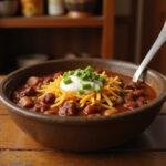 A close-up of Jessie’s Western Wholesome Chili in a rustic bowl on a wooden table, with toppings of cheese and green onions, set in a cozy kitchen decorated with Toy Story and cowboy-themed decorations, warm and inviting atmosphere.