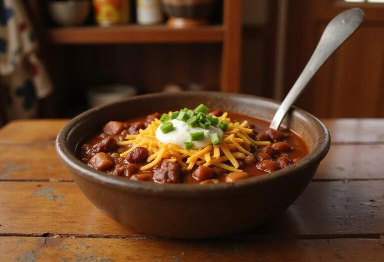 A close-up of Jessie’s Western Wholesome Chili in a rustic bowl on a wooden table, with toppings of cheese and green onions, set in a cozy kitchen decorated with Toy Story and cowboy-themed decorations, warm and inviting atmosphere.