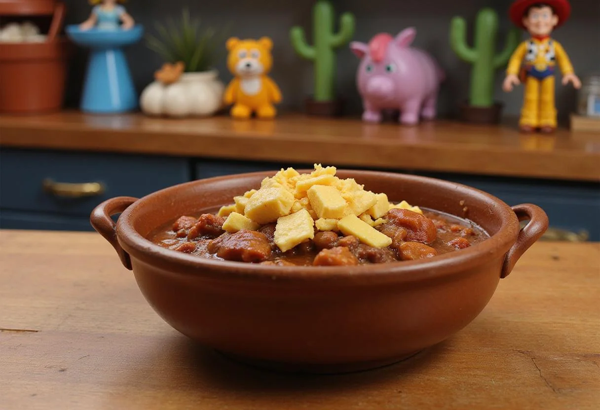 A realistic image of Jessie’s Western Wholesome Chili served in a rustic bowl on a wooden table, with Toy Story-themed decorations in the background, illustrating a cozy, kid-friendly movie food setting.