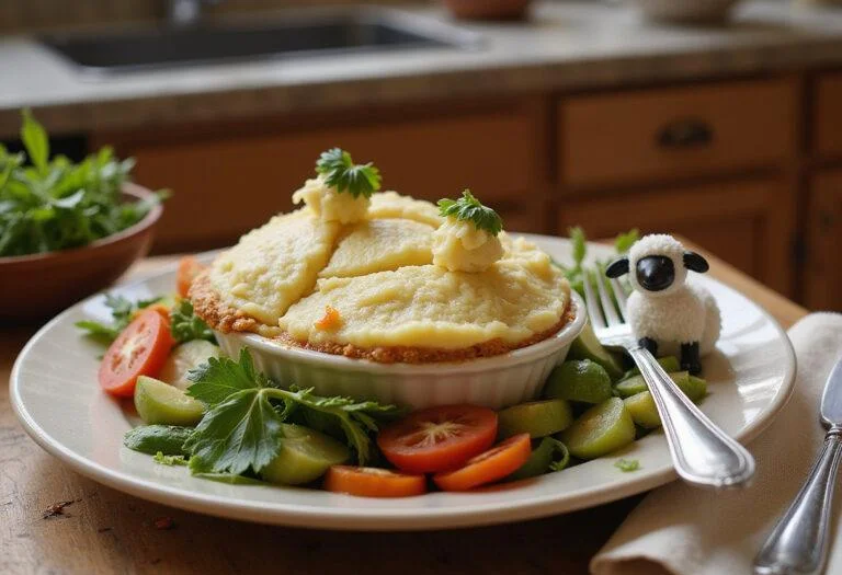 A realistic image of vegetarian Little Bo Peep's Sheep Shepherd's Pie served on a plate, featuring a mashed potato topping shaped like sheep, with fresh vegetables around and Toy Story-themed decorations, set in a cozy kitchen environment with warm, natural light.