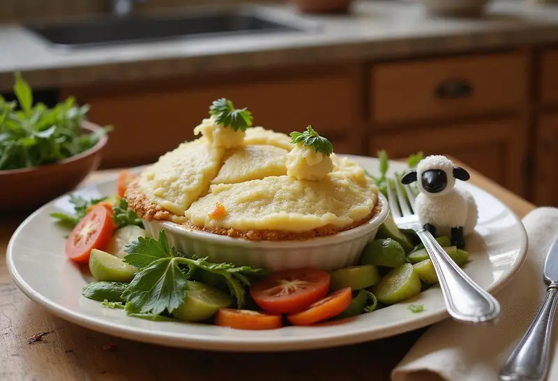 A realistic image of vegetarian Little Bo Peep's Sheep Shepherd's Pie served on a plate, featuring a mashed potato topping shaped like sheep, with fresh vegetables around and Toy Story-themed decorations, set in a cozy kitchen environment with warm, natural light.