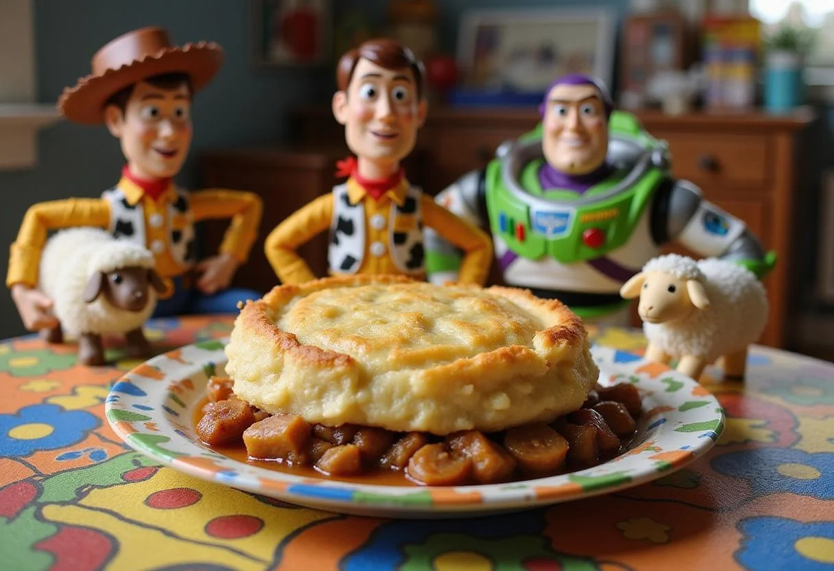 An immersive scene of vegetarian Little Bo Peep's Sheep Shepherd's Pie on a Toy Story-themed table in Andy’s bedroom, with toys in the background, featuring mashed potato sheep and playful decorations, evoking the whimsical world of the movie for children.