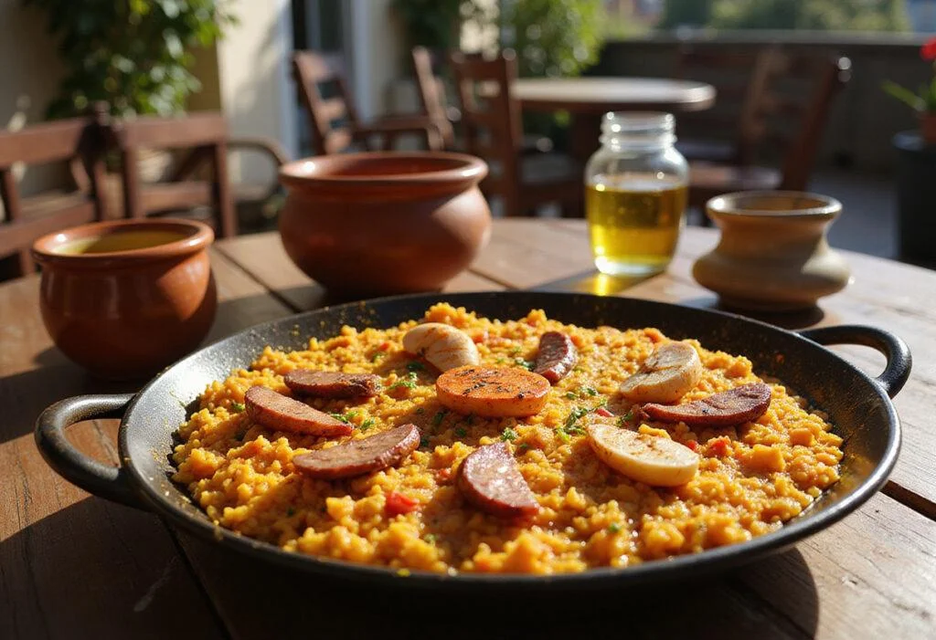 A detailed image of Penélope Cruz's passionate paella, showcasing a vivid and flavorful Spanish dish with seafood, saffron rice, and chorizo on a rustic plate, surrounded by a lively restaurant atmosphere capturing the spirit of the movie 'Vicky Cristina Barcelona'.