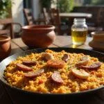A detailed image of Penélope Cruz's passionate paella, showcasing a vivid and flavorful Spanish dish with seafood, saffron rice, and chorizo on a rustic plate, surrounded by a lively restaurant atmosphere capturing the spirit of the movie 'Vicky Cristina Barcelona'.