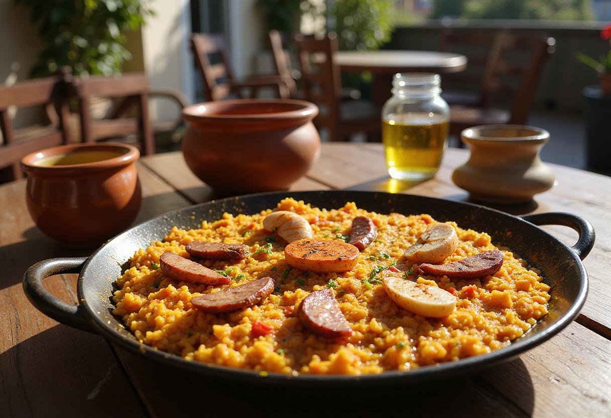 A detailed image of Penélope Cruz's passionate paella, showcasing a vivid and flavorful Spanish dish with seafood, saffron rice, and chorizo on a rustic plate, surrounded by a lively restaurant atmosphere capturing the spirit of the movie 'Vicky Cristina Barcelona'.