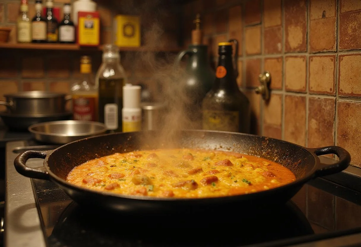 An immersive scene of a traditional Spanish kitchen with a flaming paella pan filled with colorful seafood and rice, capturing the essence of Spanish cuisine and movie-inspired passion for authentic food preparation.