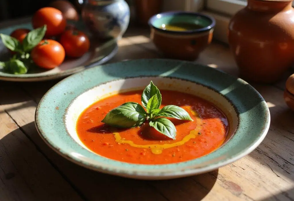 A close-up of a bowl of spicy red pepper and tomato soup in a Spanish-style kitchen, garnished with basil, served in a traditional ceramic bowl on a wooden surface, evoking the cozy atmosphere of the movie 'Volver'.