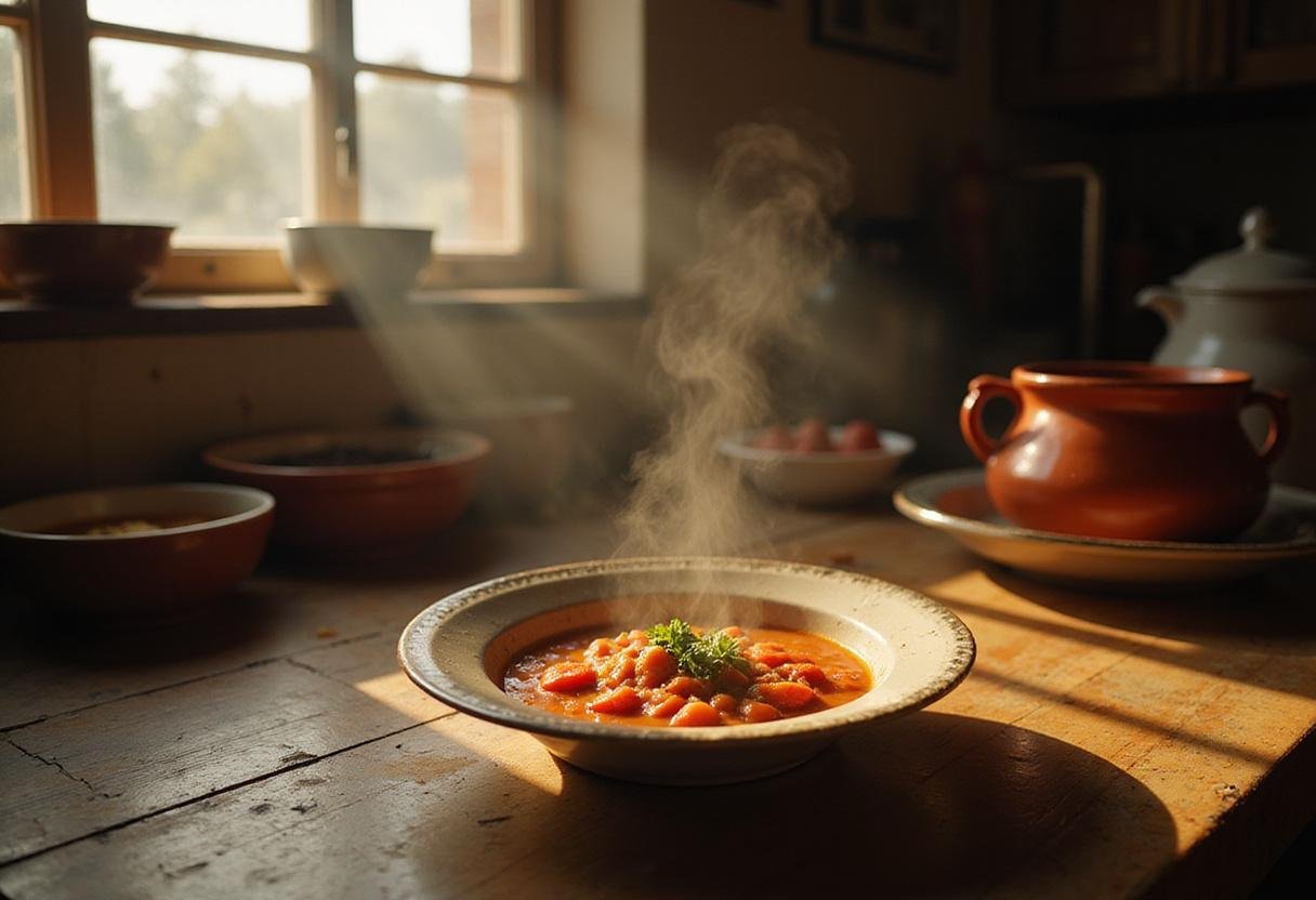 A realistic image of a bowl of red pepper and tomato soup placed on a rustic kitchen counter with sunlight, conveying the cozy atmosphere of the film 'Volver'