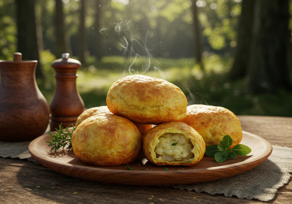 Close-up of golden, crispy Sasha's Potato Puffs on a wooden plate in a forest setting inspired by Attack on Titan, with sunlight streaming through trees, highlighting their crunchy texture and homemade appearance.
