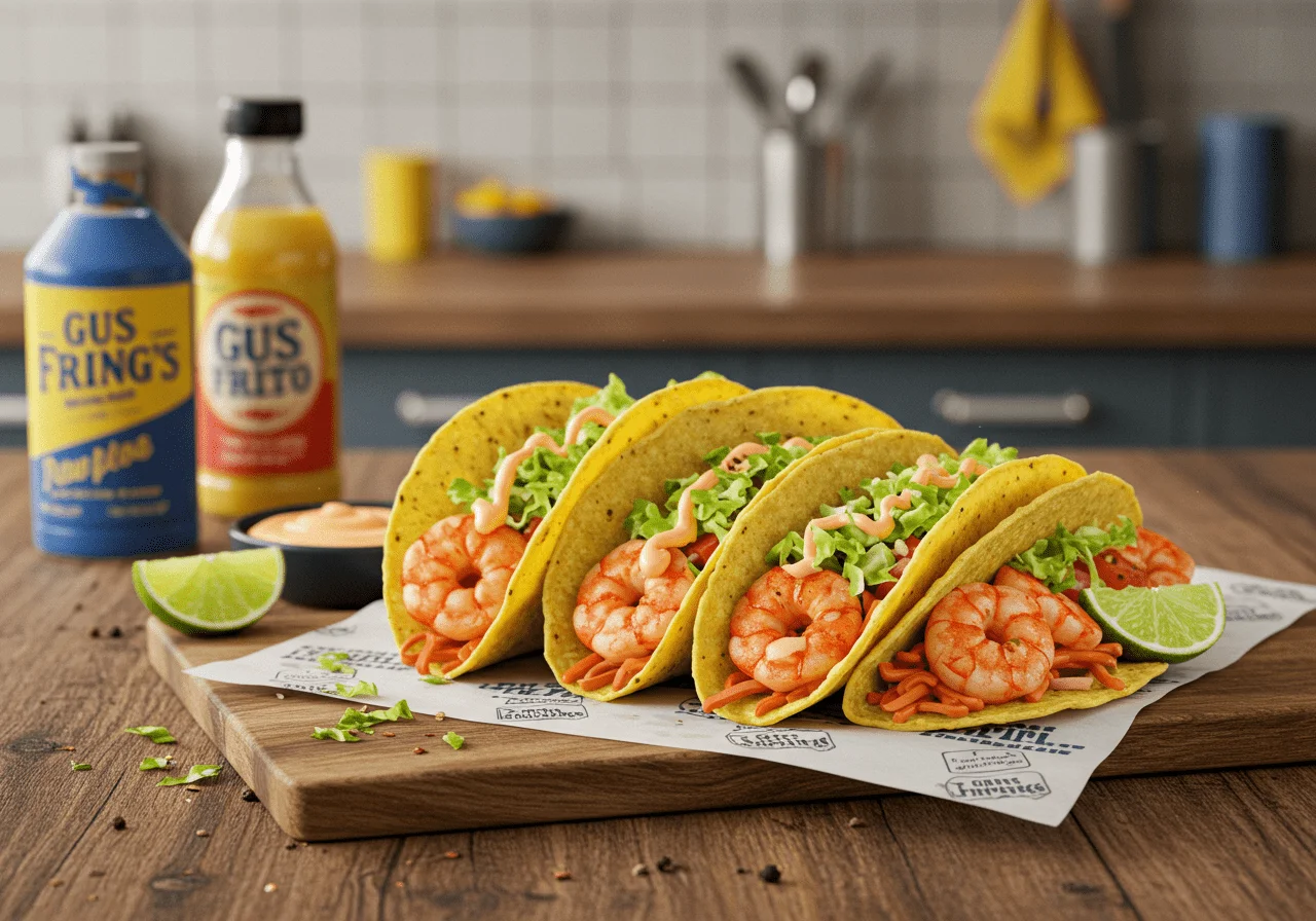 A realistic scene showing Gus Fring's Fring-tangy Shrimp Tacos on a wooden table with fresh ingredients and a Los Pollos Hermanos sign in the background, representing the Breaking Bad TV show setting.