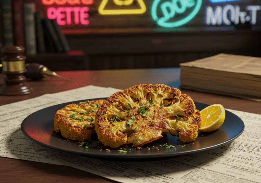 Realistic depiction of grilled cauliflower steaks with herbs on a plate, set in Saul Goodman's office with neon signs and legal documents, showcasing a vegetarian dish inspired by Breaking Bad.