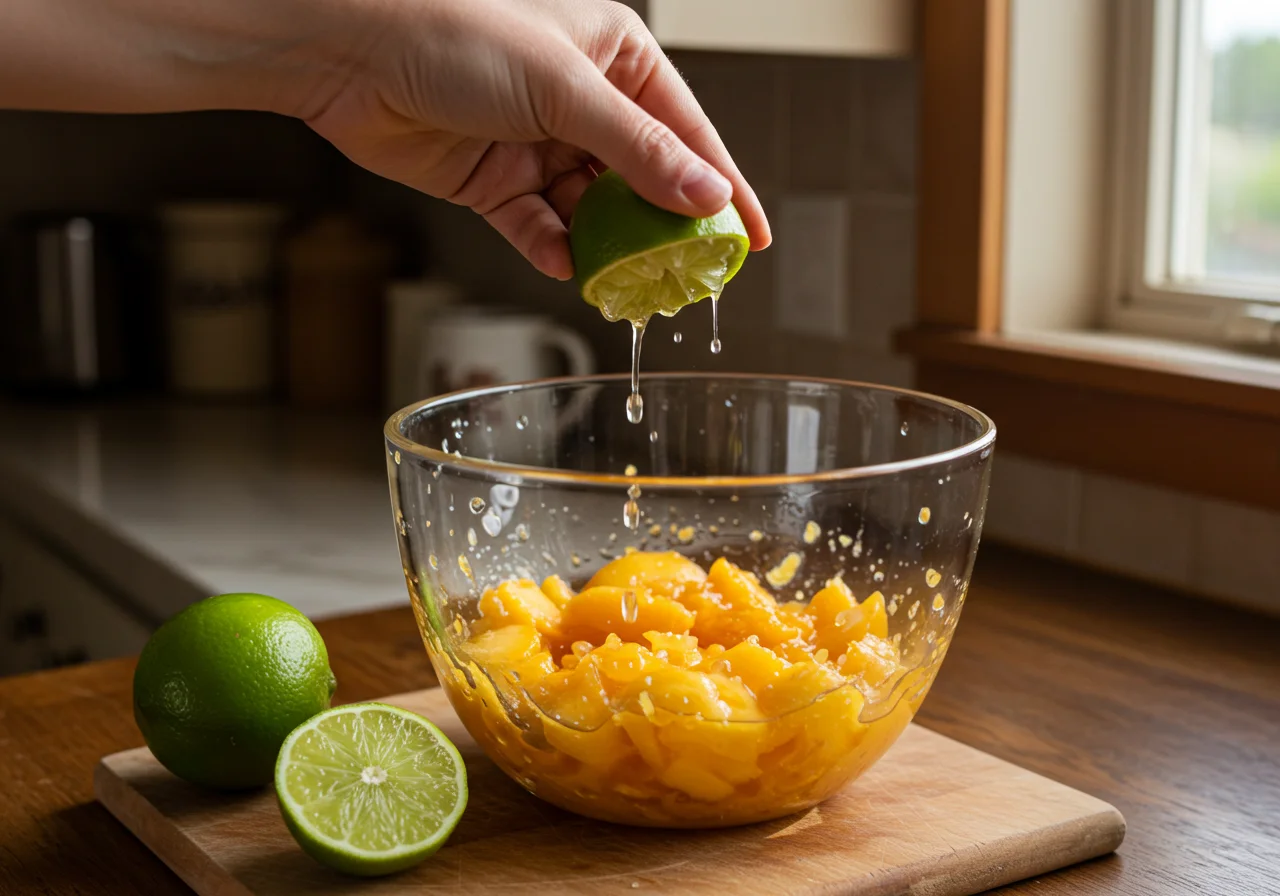 Juicing fresh lime into the peach salsa mix for Call Me By Your Name Timothée Chalamet Peach Salsa, highlighting a cozy kitchen environment.