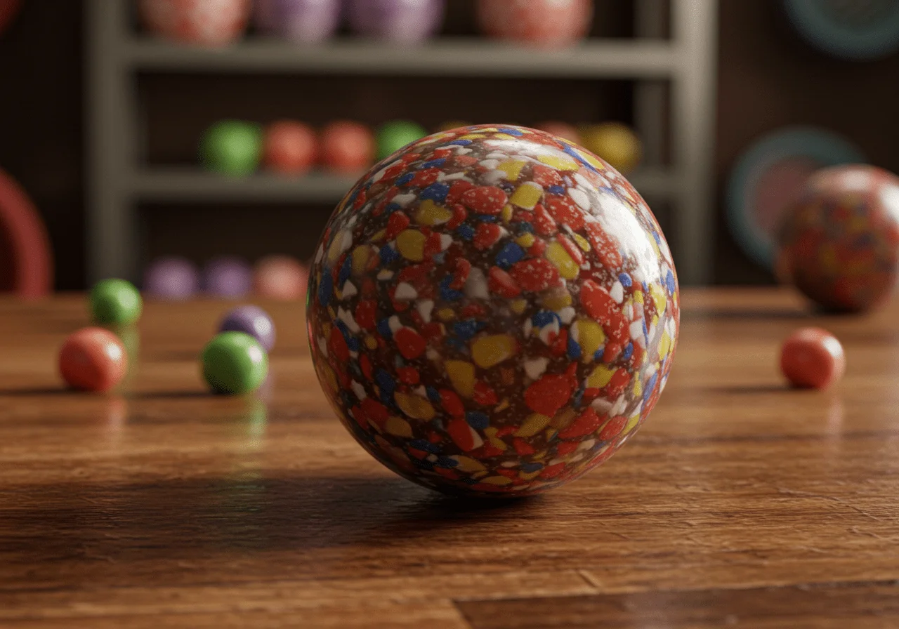 Close-up of the edible Everlasting Gobstopper Candy from Charlie and the Chocolate Factory, showcasing its vibrant colors and glossy surface, set against a backdrop of Willy Wonka's whimsical chocolate factory environment with colorful candies and metallic shelves.