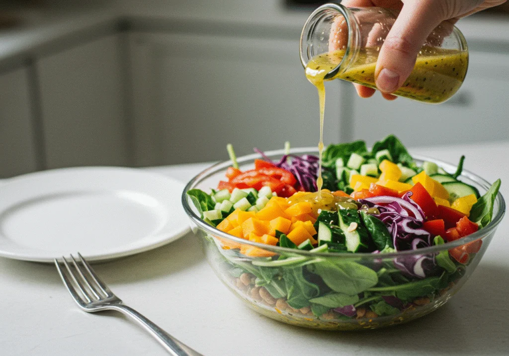 Chef adding dressing to Chromatica Lady Gaga's Rain on Me Rainbow Salad, capturing the excitement of preparing a colorful and healthy dish.