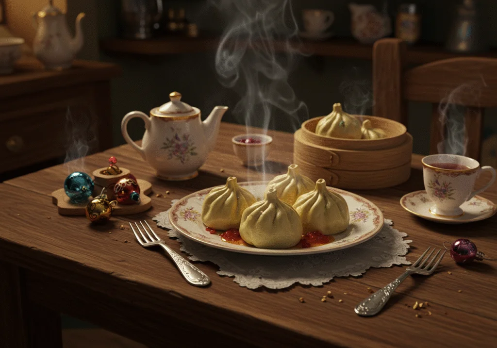 Scene of Disney's Stepsisters in a lavish castle kitchen, surrounded by ingredients and cooking tools, as they prepare Cinderella's dumplings with exaggerated expressions, set against an ornate, fairy-tale backdrop full of bright colors and elegant decorations.