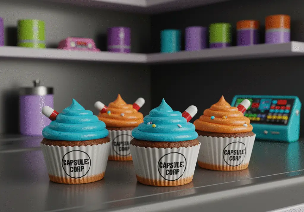 Scene of Bulma's laboratory with a tray of decorated Capsule Corp Cupcakes in the foreground, featuring blue and orange frosting and capsule toppers, set among her colorful, futuristic gadgets, emphasizing her inventive and fun personality from Dragon Ball Z.