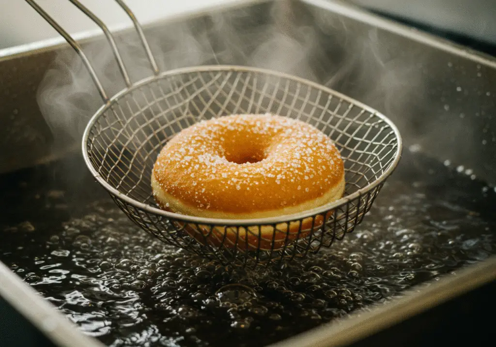 Frying the shaped donuts to create crispy Dragon Ball Frieza's Galactic Glaze Donuts in a deep fryer.