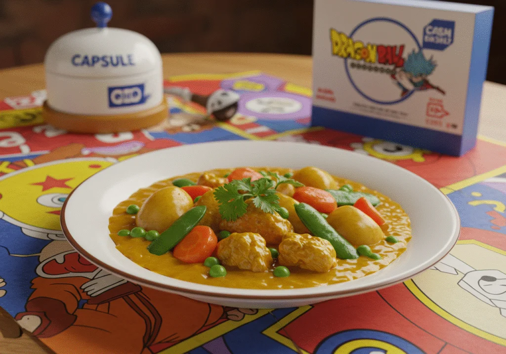 A realistic depiction of Krillin's Kamehameha Curry served on a plate with fluffy rice, topped with fresh herbs and spices. The scene features a Dragon Ball Z-themed kitchen with character posters and energy capsules on shelves, emphasizing the colorful and exciting world of anime cuisine.