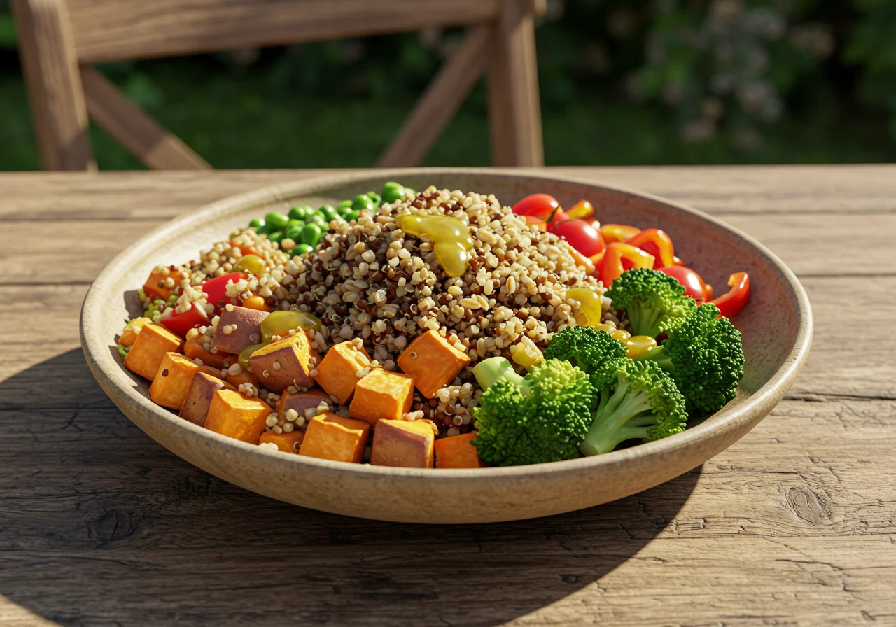 An immersive scene of Ajak's Ancient Grain Salad on a stone altar in a temple, with detailed carvings and ambient lighting, emphasizing the dish’s fresh ingredients and vibrant colors within a mystical, ancient environment inspired by the Eternals.