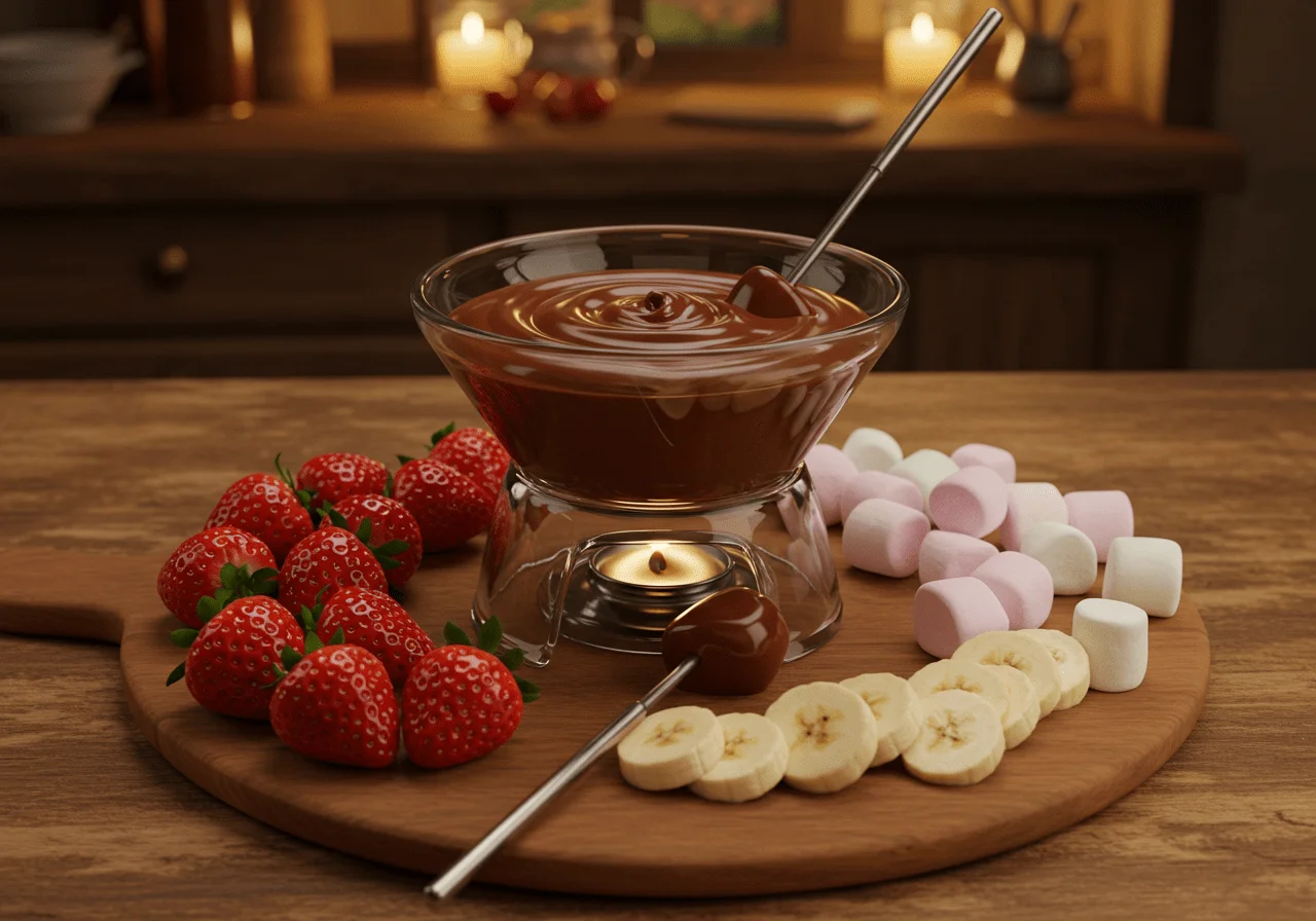Frozen Anna's True Love Chocolate Fondue served in a clear glass bowl with fresh strawberries, banana slices, and marshmallows on a wooden table in a cozy, Nordic-style kitchen inspired by Disney's Frozen. The melted chocolate looks glossy and inviting, perfect for a Disney-themed dessert presentation.
