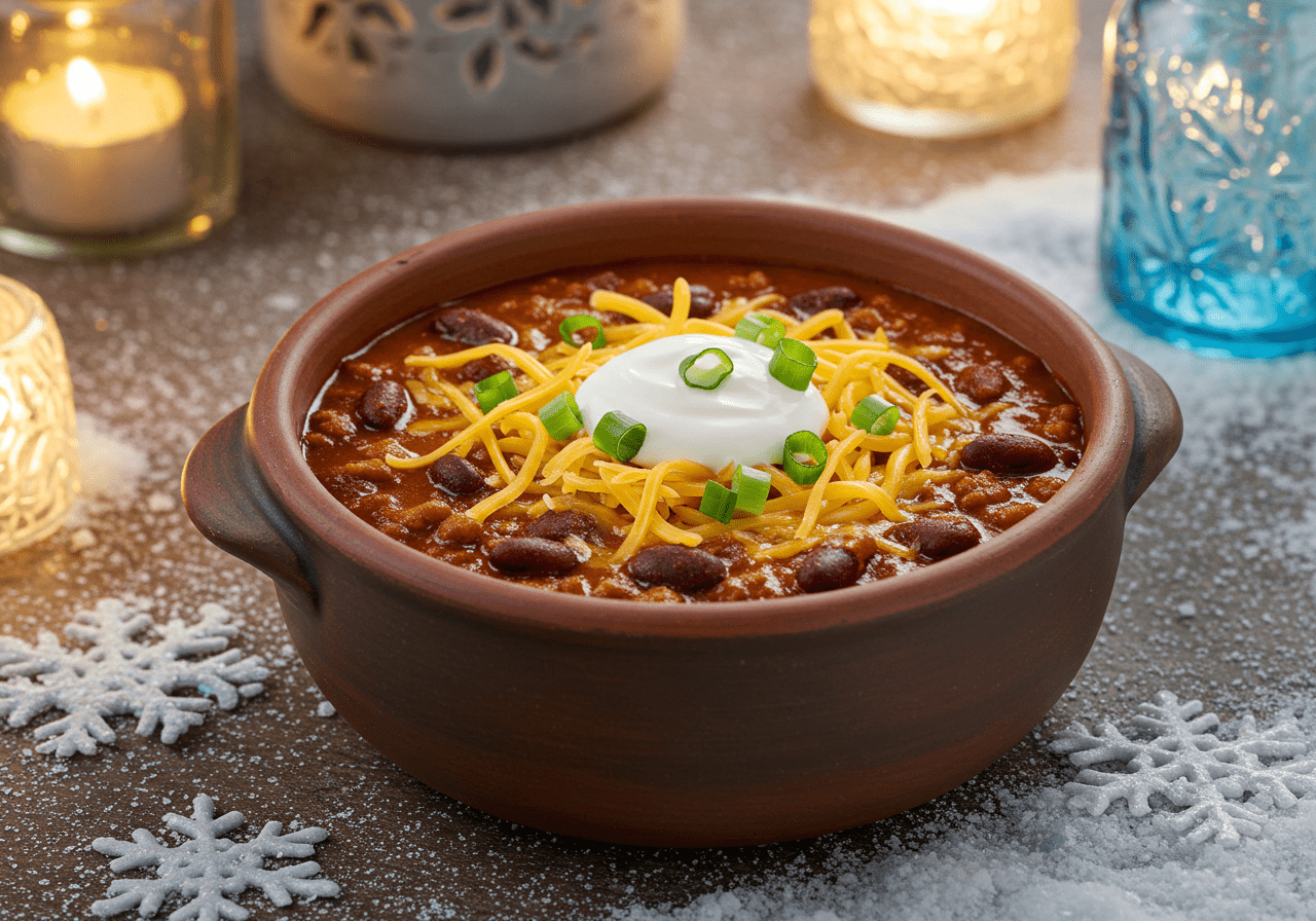 A warm scene inside a wooden cabin in Arendelle, with a bowl of Frozen Kristoff's Ice Harvest Chili on a decorated table, surrounded by snow and icicles outside, capturing the cozy feel of Disney's Frozen universe.