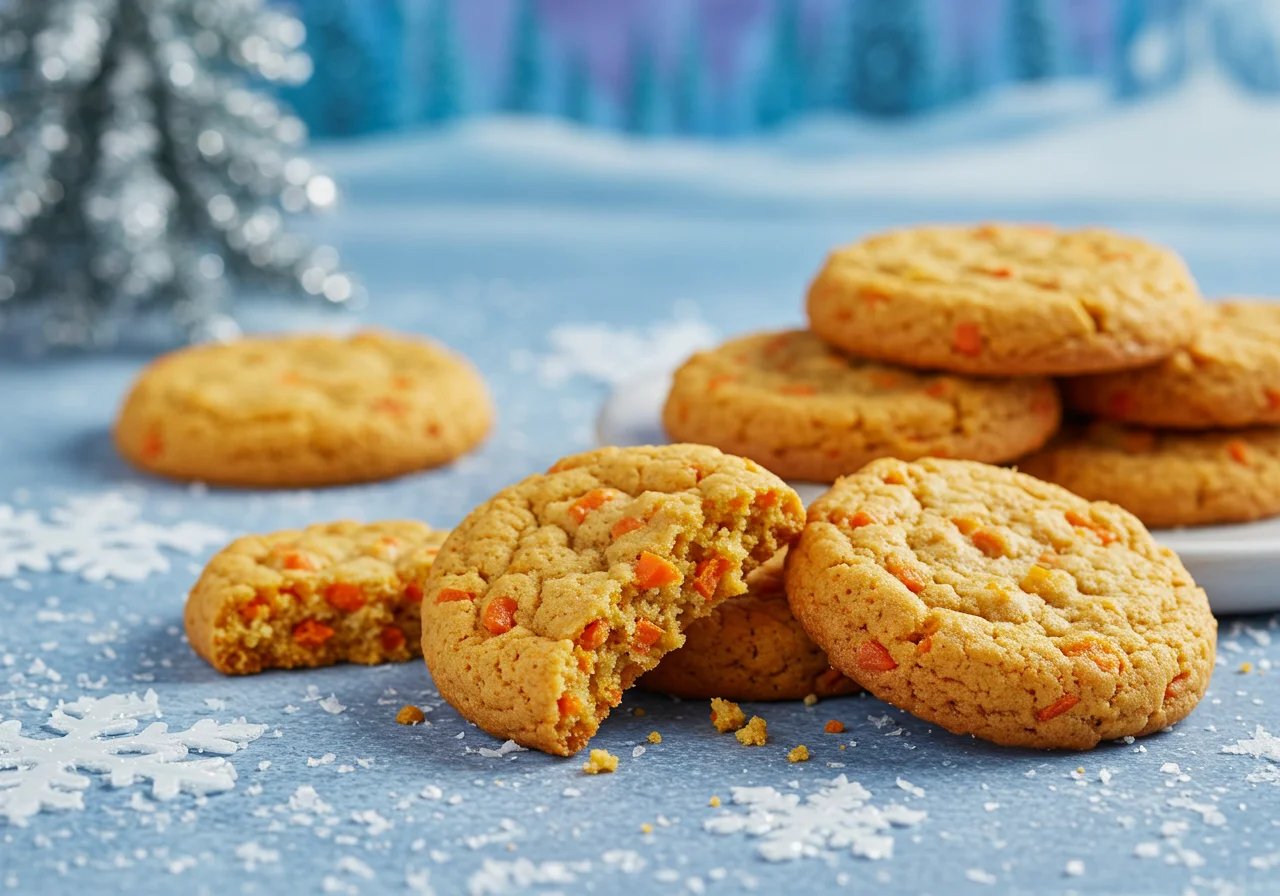 A scene showing Sven, the cartoon reindeer from Frozen, in a snowy forest, sitting beside a tray of freshly baked carrot cookies. The cookies have visible carrot pieces and a crunchy appearance, set on a rustic wooden plate, with snow-covered trees in the background. The scene evokes a magical Disney winter setting perfect for kids' food.
