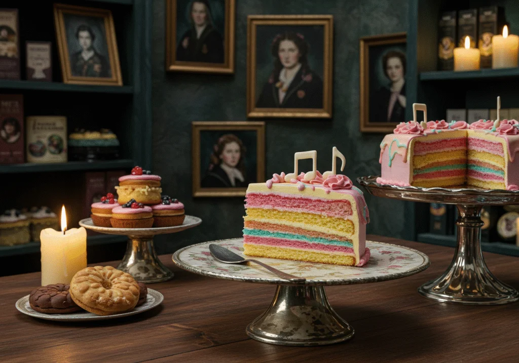 A scene showing Celestina Warbeck's Sweet Symphony Cake in a vibrant wizarding concert hall, with magical decorations and floating musical notes, ready to impress an audience of witches and wizards, set against enchanted chandeliers and musical instruments.
