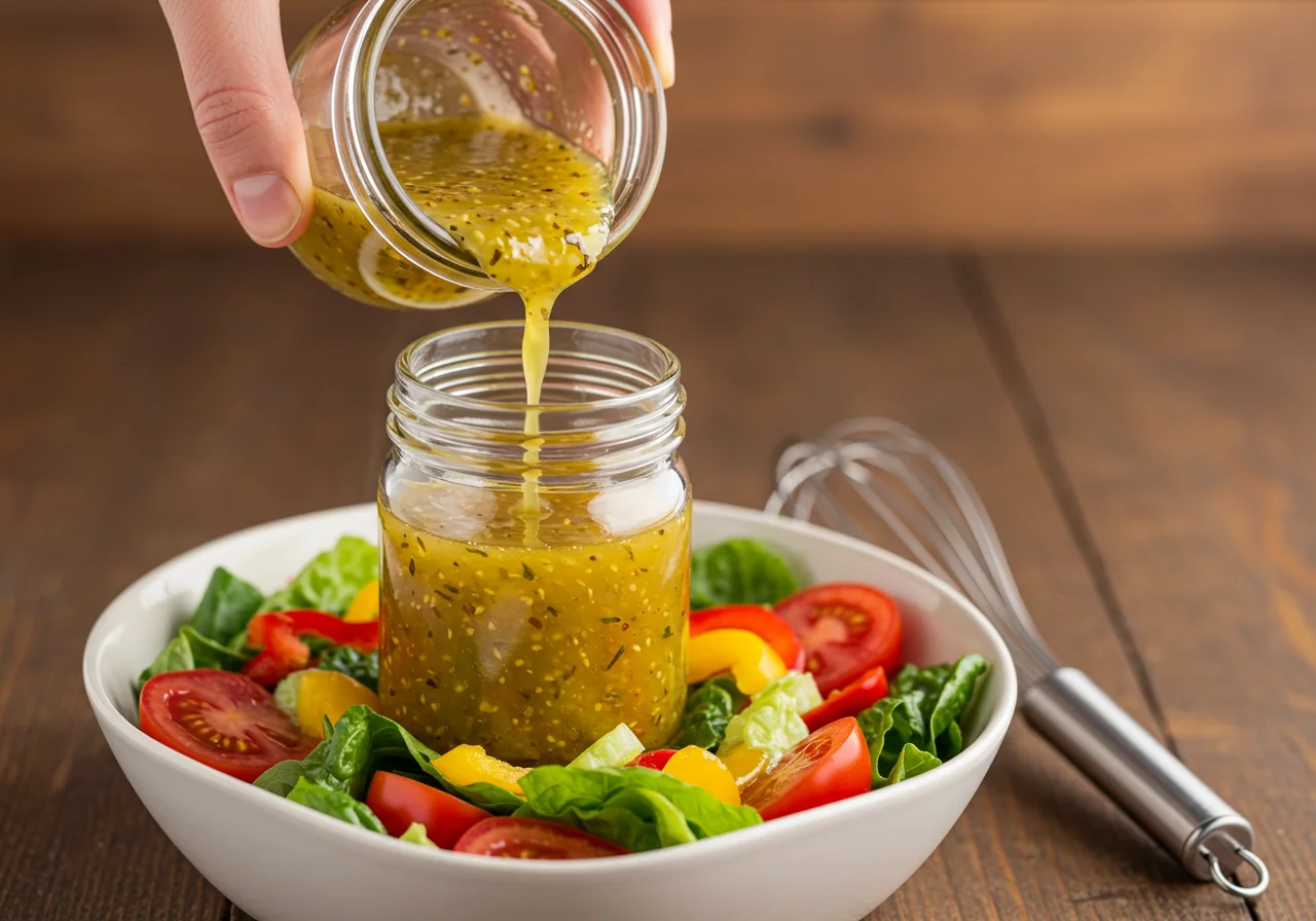 Homemade vinaigrette dressing being drizzled for Harry Potter Firenze's Forest Forage Salad.
