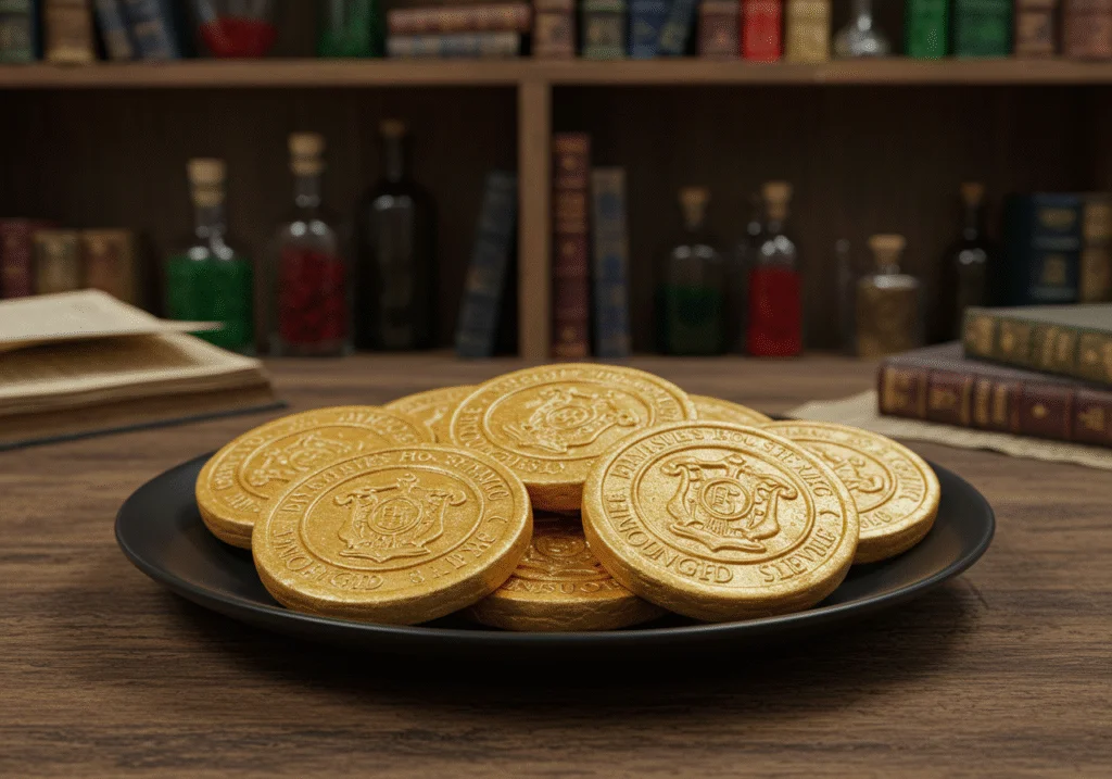 Immersive image of Gringotts Bank interior with a treasure chest filled with gold-colored cookies shaped like coins, glowing softly, on a stone table. The background includes stone walls, enchanted lanterns, and goblin statues, creating a magical, treasure-filled setting in the wizarding world.