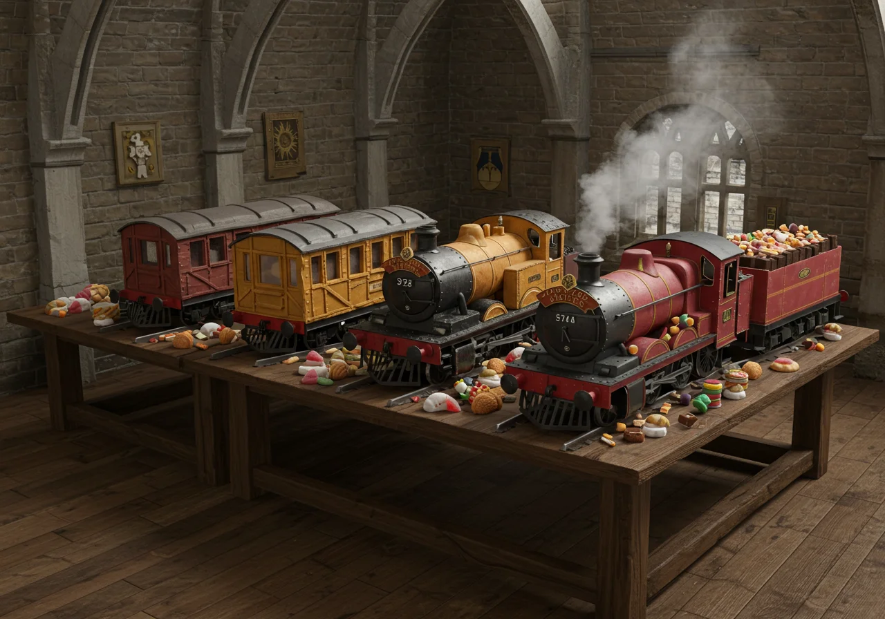 Wide-angle view of Hogwarts Express edible train cars on the station platform, decorated with icing and candies, with Hogwarts castle in the background under a magical sky, creating a scene of anticipation for a wizarding adventure.