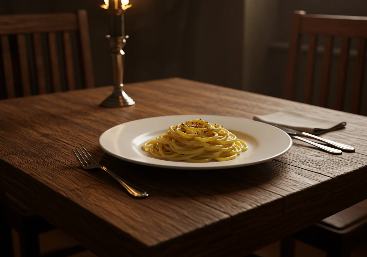 Close-up of Thestral's Invisible Pasta on a dark wooden table, illuminated by candlelight. The pasta looks nearly invisible with a slight shimmer, topped with enchanted herbs and served with a shimmering potion-filled goblet nearby, capturing the mysterious and magical mood of Harry Potter's world.