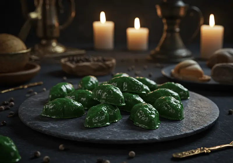 Realistic image of Voldemort's Basilisk Bites served on a dark stone platter in a magical kitchen inspired by Harry Potter. The snacks are small, green, snake-like treats with a shiny coating, surrounded by glowing magical artifacts and ambient candlelight.