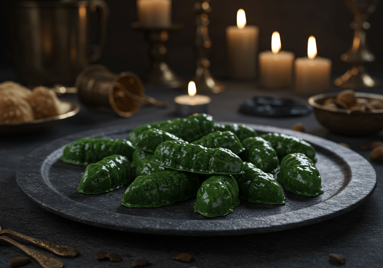 Harry Potter-inspired setting with Voldemort's Basilisk Bites displayed on a wooden table in a mystical dining room. The scene is lit by magical torches, emphasizing the eerie, serpent-like snacks as part of a magical feast or gathering.