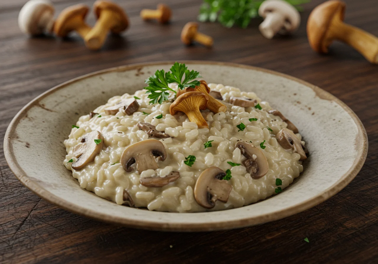 Hermione Granger's Mushroom Risotto presented on a serving dish in Hogwarts' Great Hall, with a magical atmosphere of floating candles and students dining, illustrating a cozy and enchanted wizarding world.