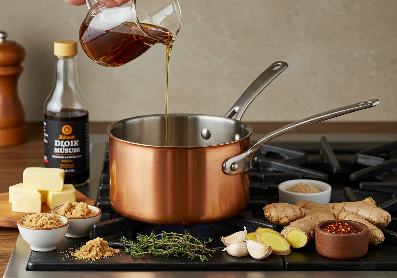 Maple syrup being mixed with soy sauce and Dijon mustard to create a marinade for Robin Scherbatsky's Canadian Maple Salmon.
