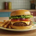 A realistic image of Jenny from the Block Jennifer Lopez's Bronx-Style Bean Burgers served on a colorful plate in a cozy kitchen. The burger features a crispy bean patty with fresh lettuce, tomato, and melted cheese, accompanied by crispy fries. The scene emphasizes a lively, home-cooked vibe with warm lighting and rustic details.