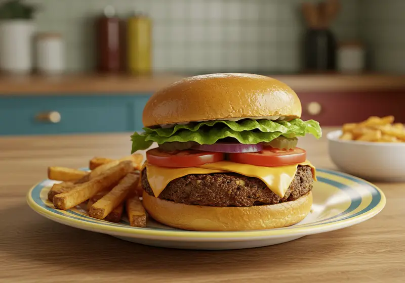 A realistic image of Jenny from the Block Jennifer Lopez's Bronx-Style Bean Burgers served on a colorful plate in a cozy kitchen. The burger features a crispy bean patty with fresh lettuce, tomato, and melted cheese, accompanied by crispy fries. The scene emphasizes a lively, home-cooked vibe with warm lighting and rustic details.