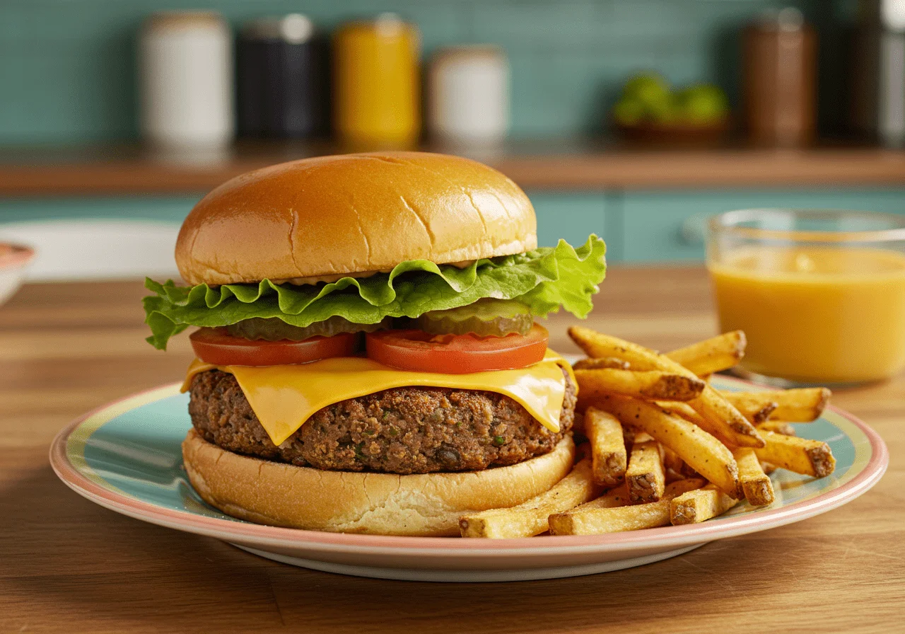 A vivid scene of Jennifer Lopez in a Bronx-style kitchen assembling her Jenny from the Block Bean Burgers, with a crispy bean patty, fresh toppings, and rustic decor creating a warm, lively atmosphere that reflects her hometown style.
