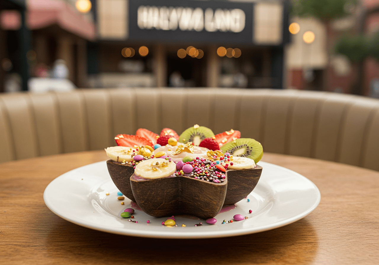 A vibrant star-shaped smoothie bowl topped with fresh fruit, edible gold flakes, and sprinkles on a wooden table with Hollywood-inspired decor, evoking the romantic and dreamy ambiance of La La Land. Perfectly styled as a movie-inspired breakfast scene.