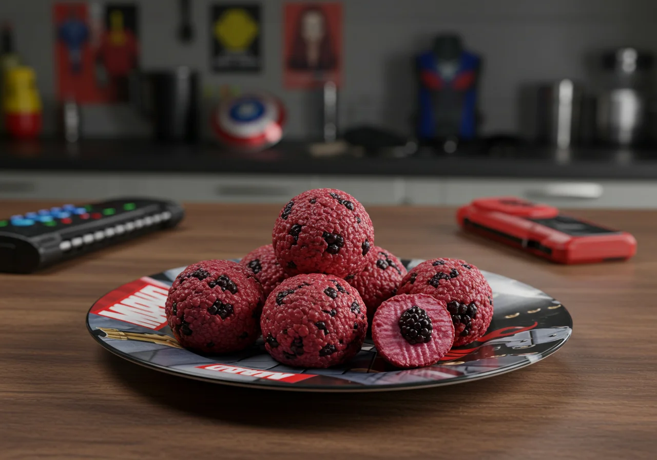 Scene showing Marvel Black Widow Berry Bites on a superhero-themed plate in a kitchen decorated with Marvel posters, with superhero gadgets nearby, capturing a moment of preparing a healthy Marvel snack in a superhero universe setting.