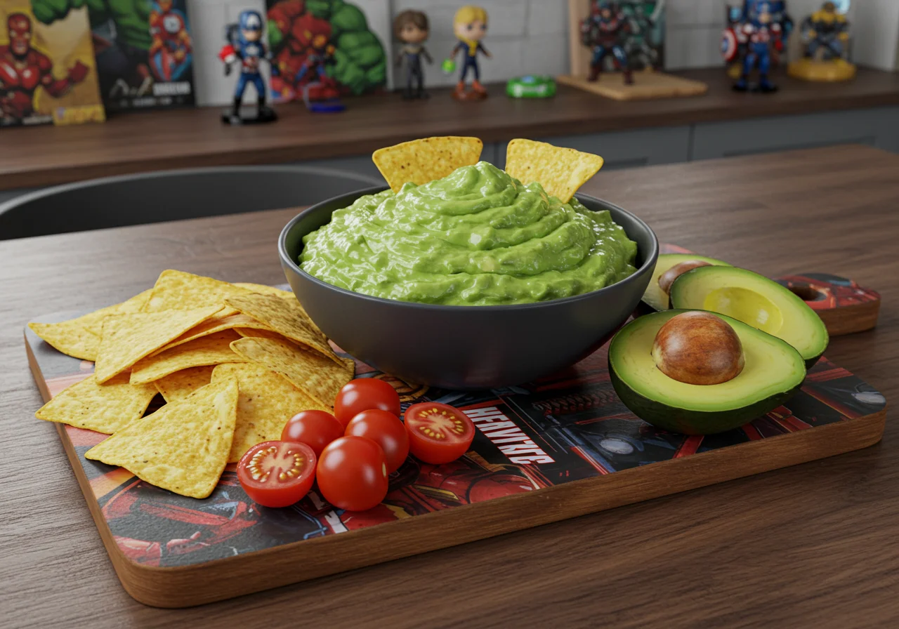 A realistic scene of Hulk Smash Guacamole ready to serve in a vibrant bowl on a Marvel-themed kitchen table, with comic book posters and superhero memorabilia in the background, capturing the excitement of a superhero snack.