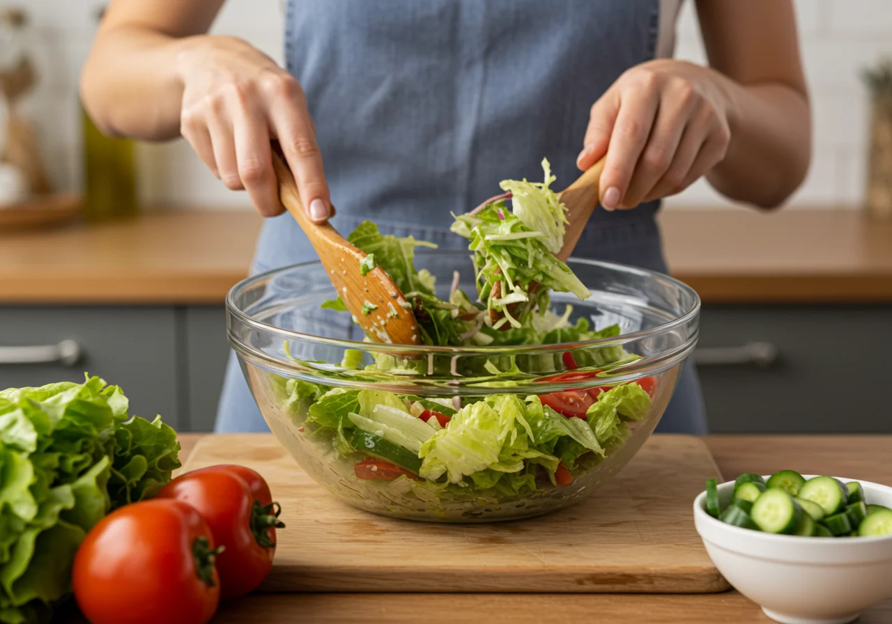 Mixing the Cosmic Quinoa Salad with a perfect blend of ingredients in a stylish glass bowl.