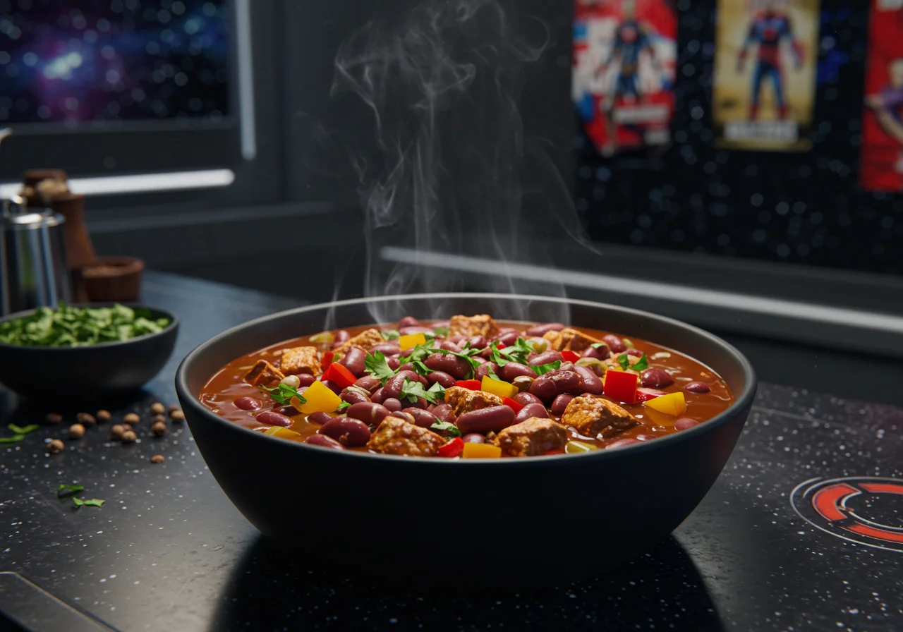 An immersive scene of a Marvel spacecraft's mess hall with a large serving dish of vibrant chili ready to be scooped onto plates. The setting features cosmic patterns, Marvel memorabilia, and a high-tech environment, highlighting the show's space adventure aspect.
