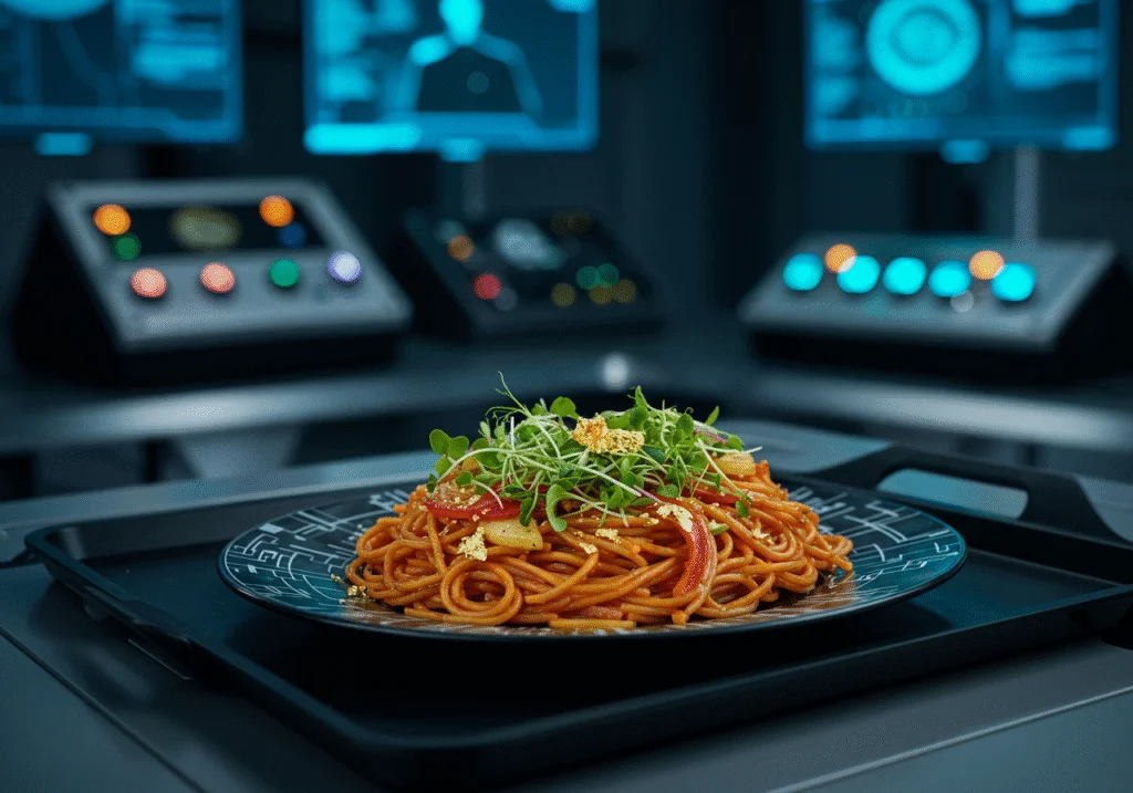 Scene of Agent H in the Men in Black base, holding a container of Neuralyzer Noodles with glowing blue lights behind, evoking a futuristic and secretive atmosphere fitting the movie's theme.