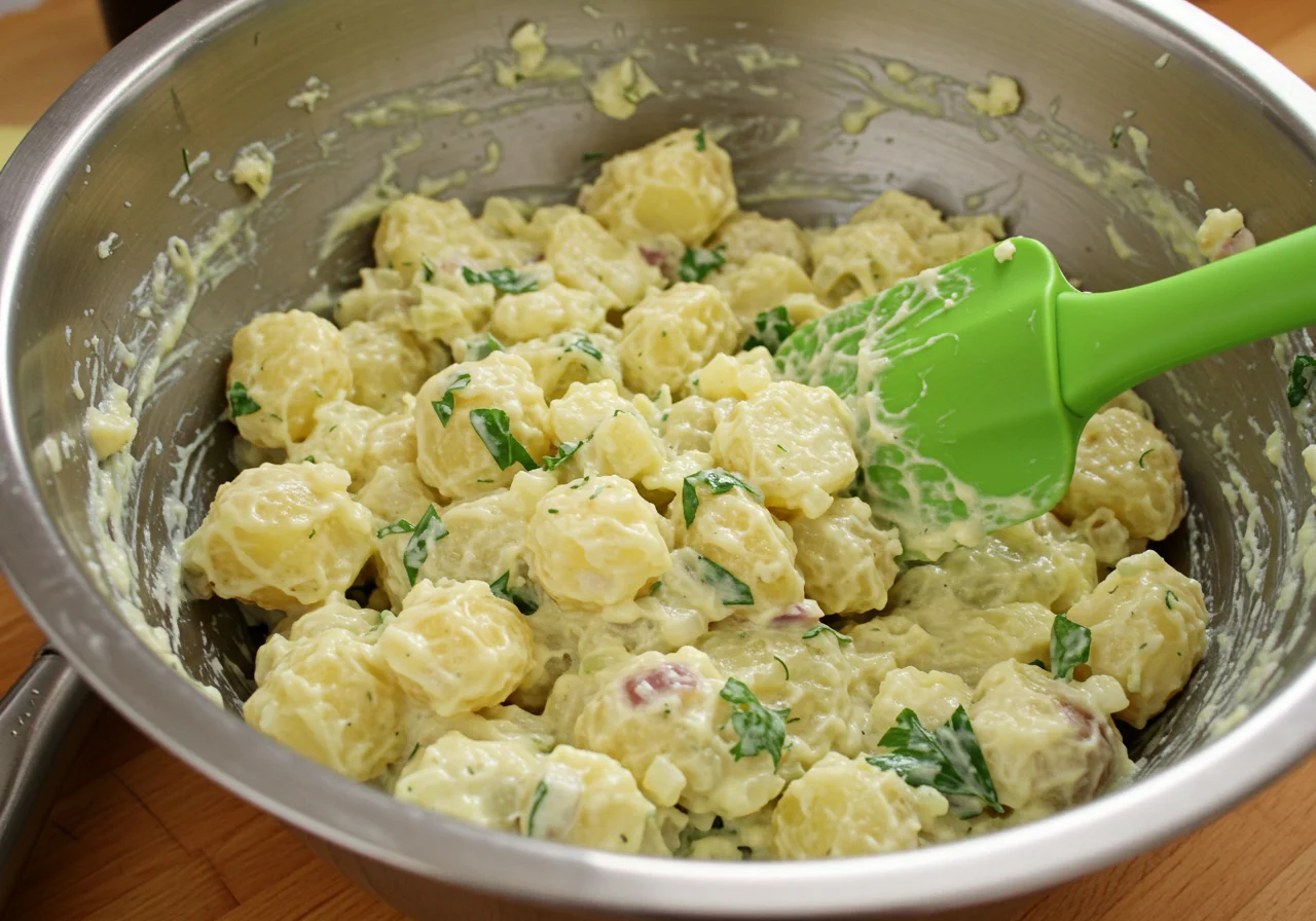 Mixing spices into the Minions Evil Minion Purple Potato Salad, creating a fun and colorful dish inspired by the Minions.