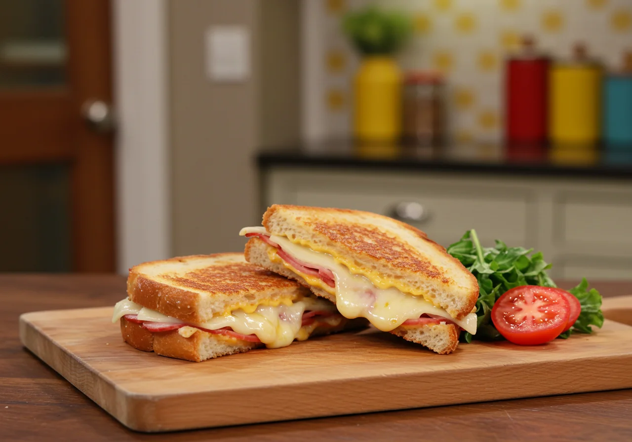 Manny from Modern Family enjoying a gourmet grilled cheese sandwich at the kitchen table, smiling in a cozy family room setting, capturing a happy lunch scene.