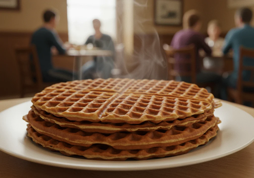 Close-up of web-shaped waffles served on a plate in the Monsters Inc. factory breakfast room, with cheerful monsters and colorful decorations creating a lively atmosphere, depicting a fun morning moment.